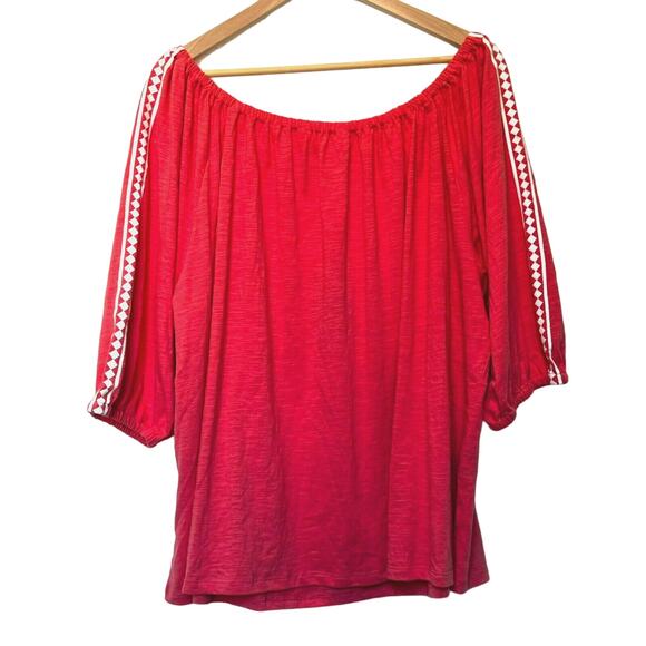 TOMMY HILFIGER NWT 2X Pink Coral Boho Aztec Off Shoulder Tunic Peasant Top Shirt - Picture 2 of 9